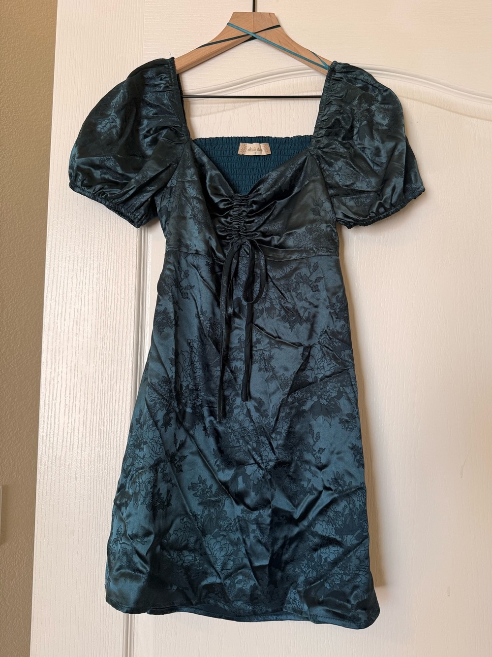 Satin Puff-Sleeve Ruched Front Dress in Dark Teal